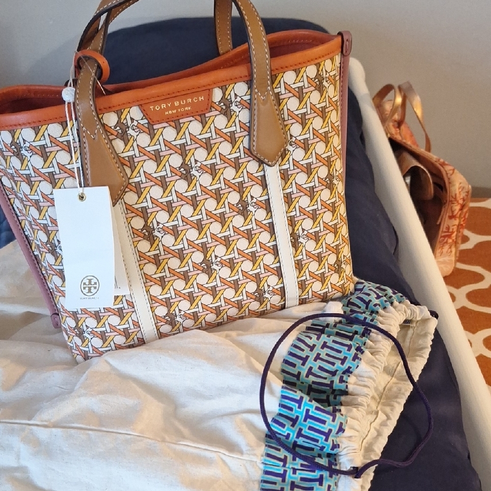 Tory Burch Brown and White Tote Handbag